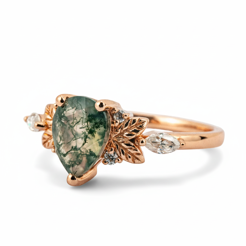 Product view of Pear Moss Agate Ring in Gold