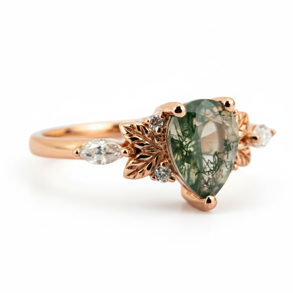 Product view of Pear Moss Agate Ring in Gold