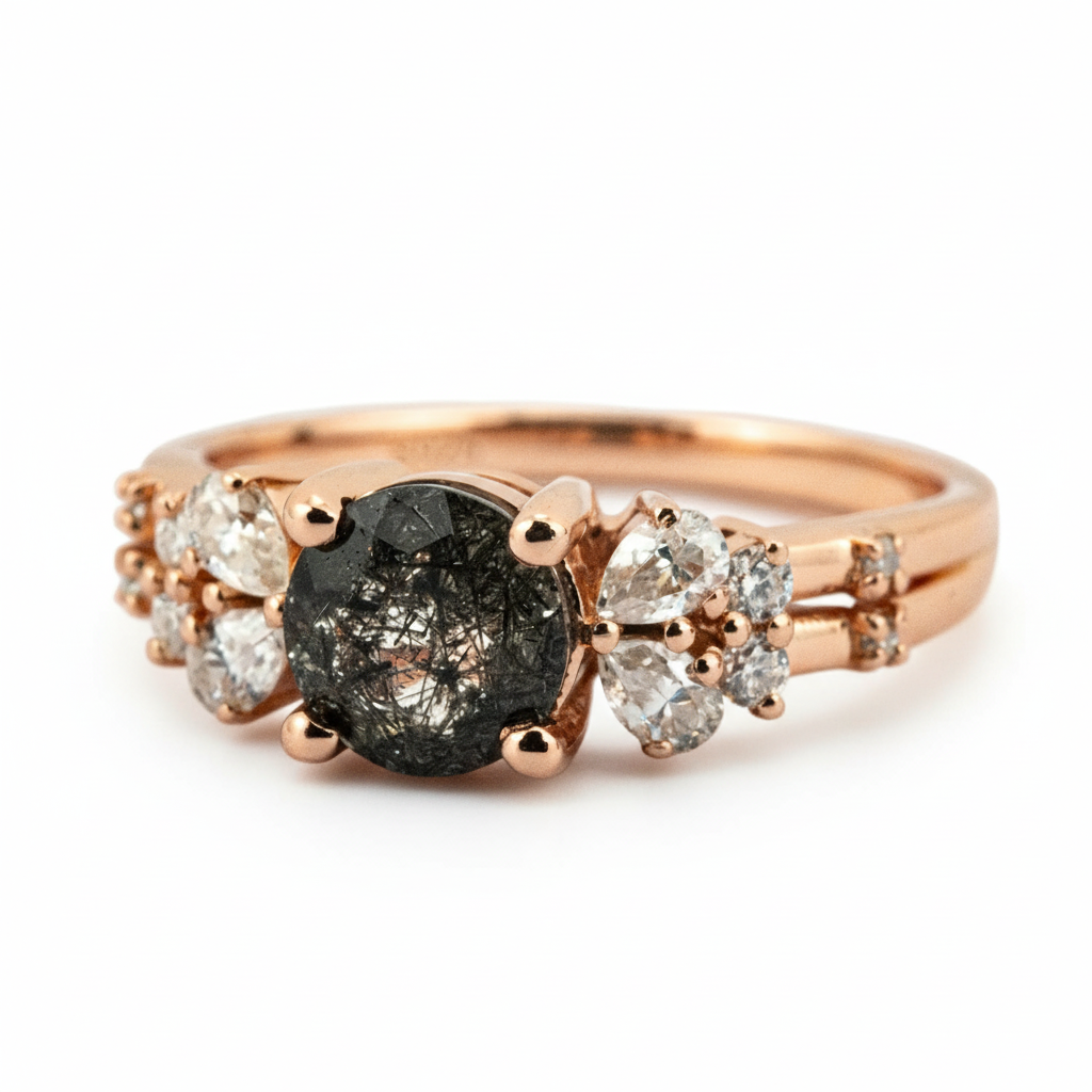 Product view of Black Rutilated Quartz Ring in Gold
