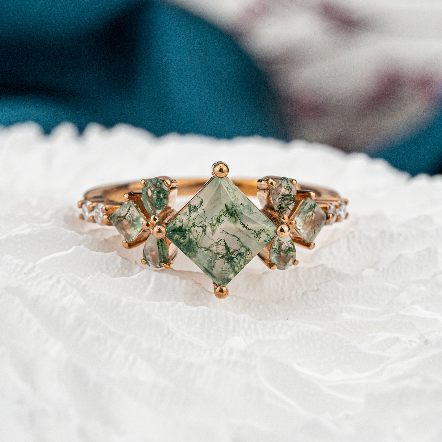 Princess Cut Moss Agate Ring Engagement Ring With Moissanite