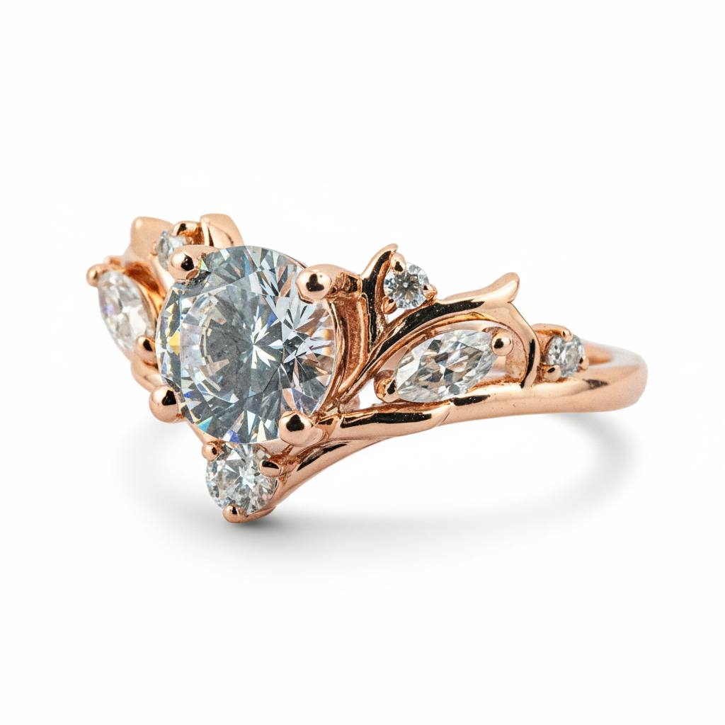 Detailed view of Round Moissanite Engagement Ring in Gold