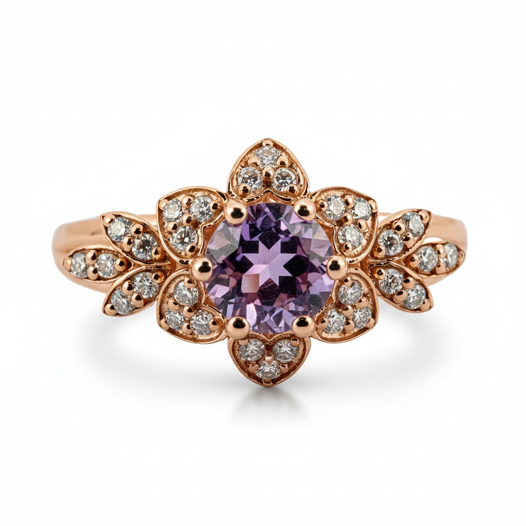 Exquisite round amethyst ring sparkling with luxury and elegance, perfect for a sophisticated touch.
