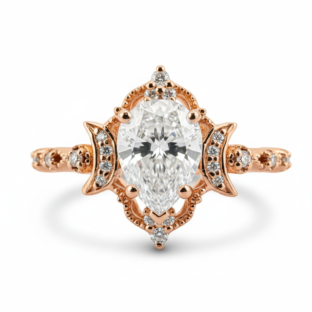 Pear Moissanite Crescent Moon Engagement Ring.