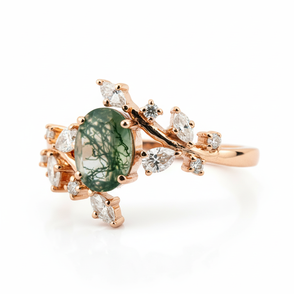 Product view of Oval Moss Agate Ring in Gold