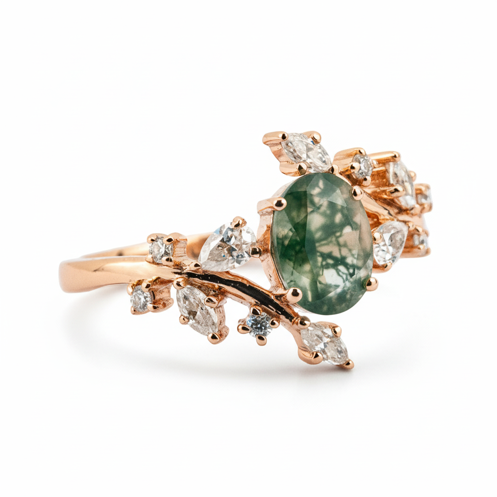 Product view of Oval Moss Agate Ring in Gold