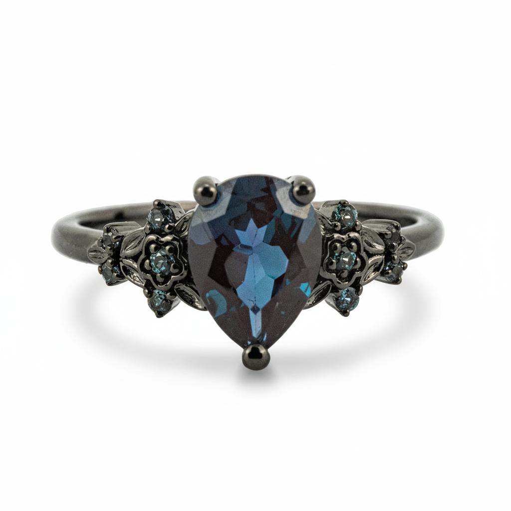 Botanical Elegance -Pear Cut Lab Alexandrite Black Gold Engagement Ring Set Floral Ring