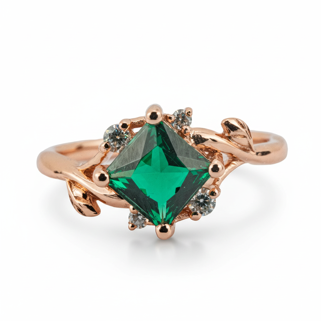Princess Lab Emerald Engagement Ring With Moissanite.