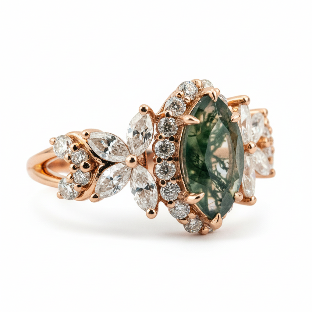 Product view of Marquise Moss Agate Ring in Gold