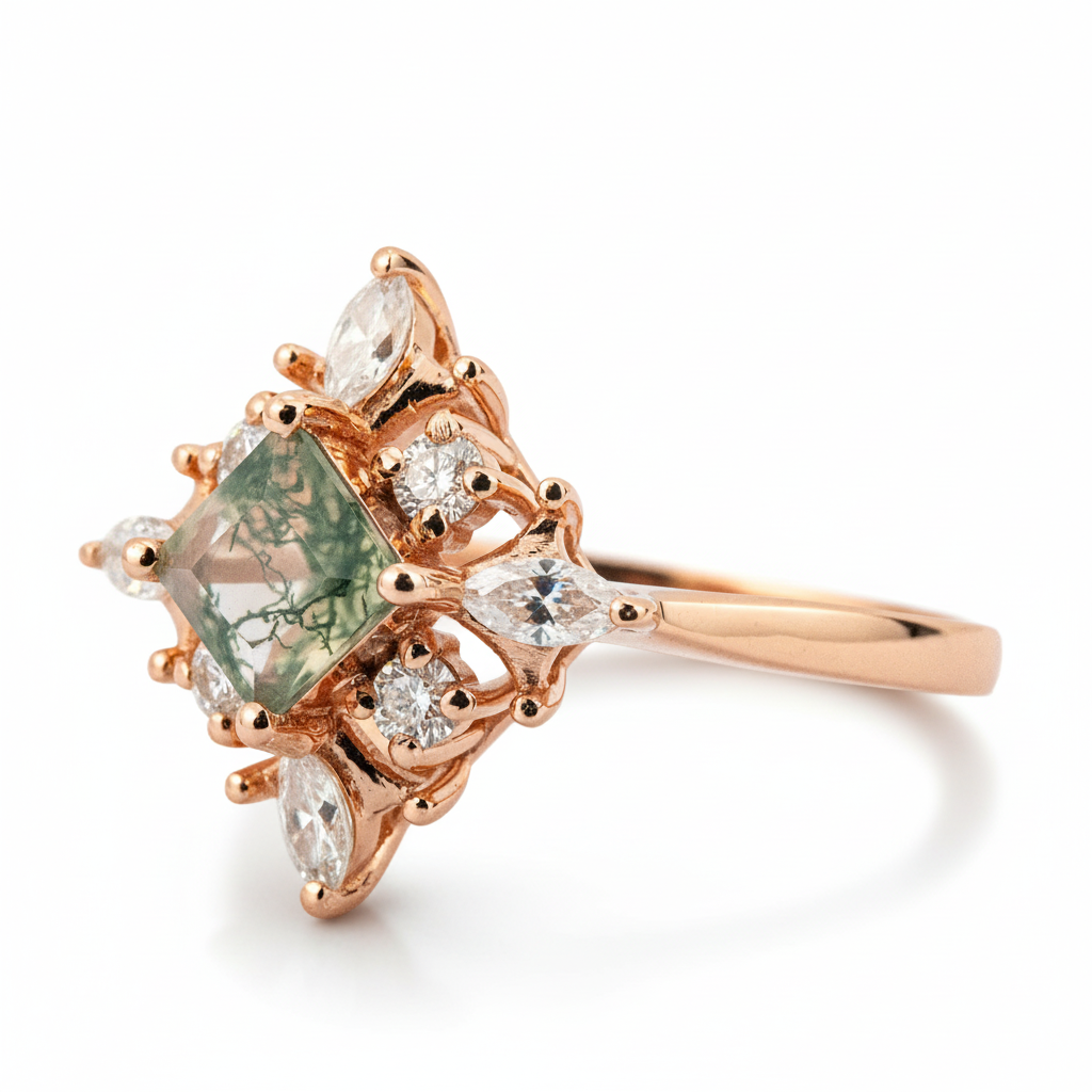 Product view of Princess Cut Moss Agate Engagement Ring in Gold