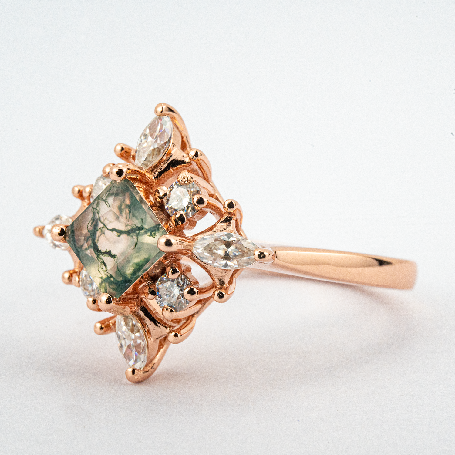 Princess Moss Agate Gold Engagement Ring With Moissanite.