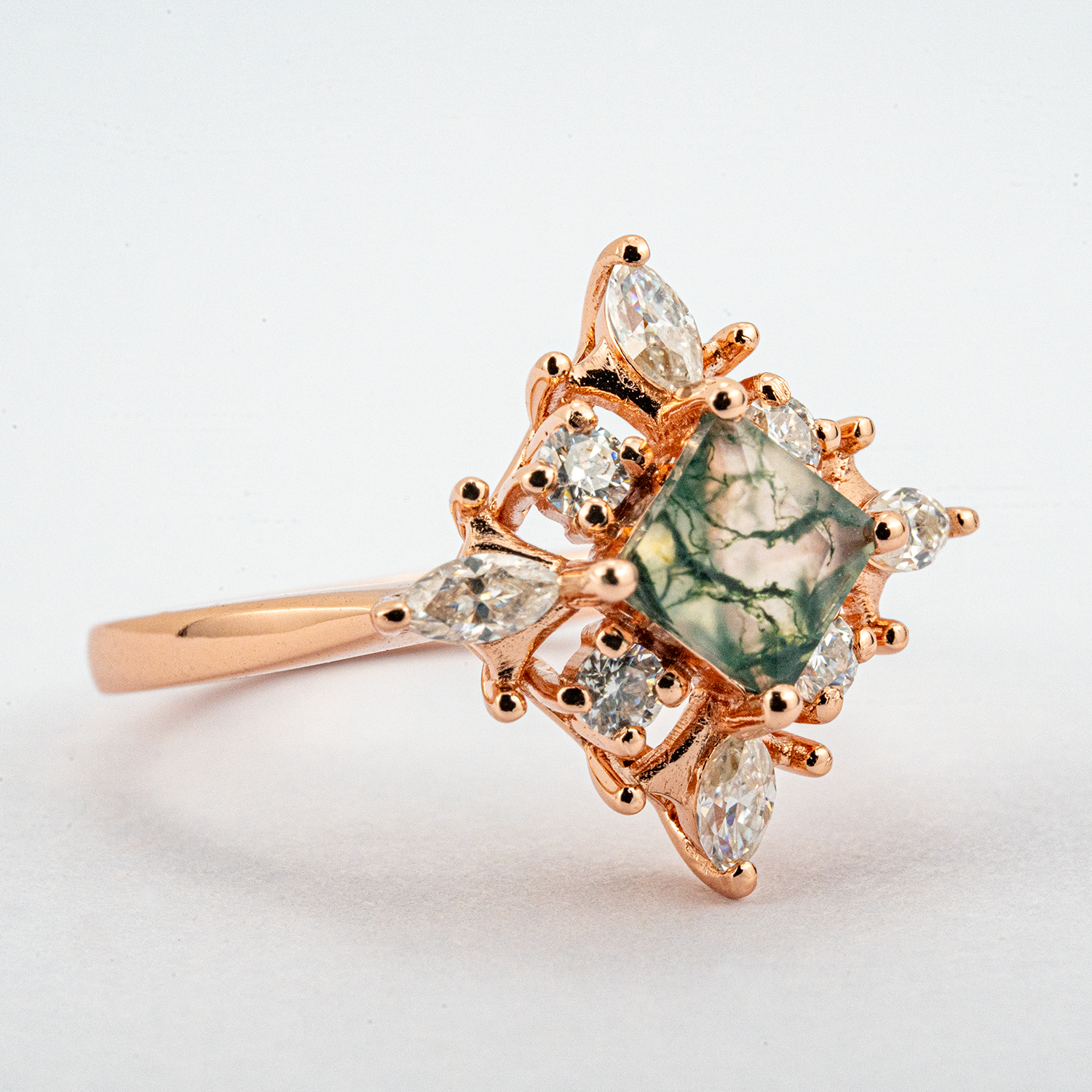 Princess Moss Agate Gold Engagement Ring With Moissanite.