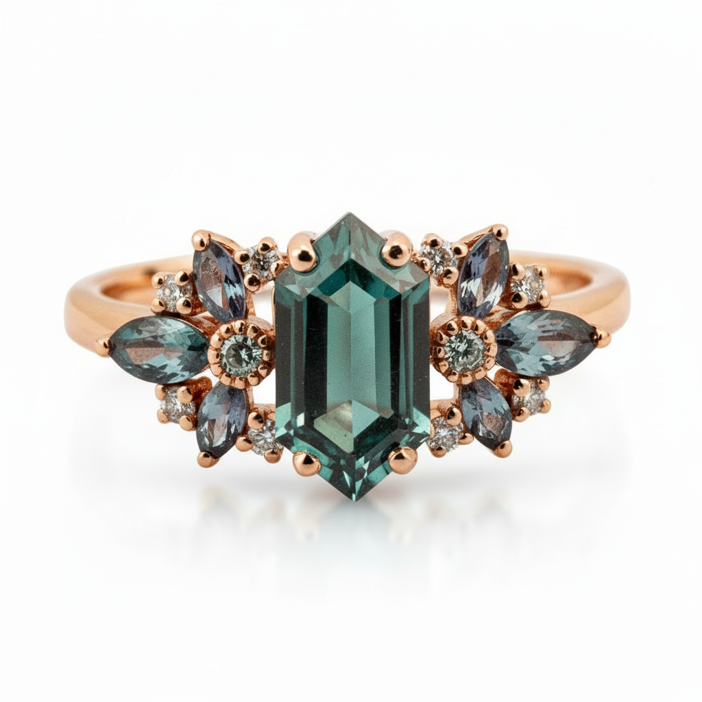 Long Hexagonal Lab Alexandrite Flower Cluster Gold Engagement Ring.
