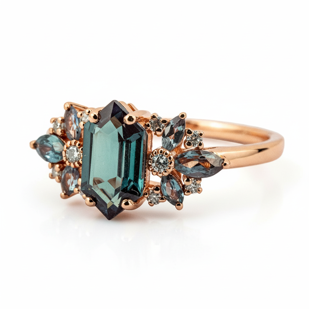 Product view of Long Hexagon Alexandrite Engagement Ring in Gold