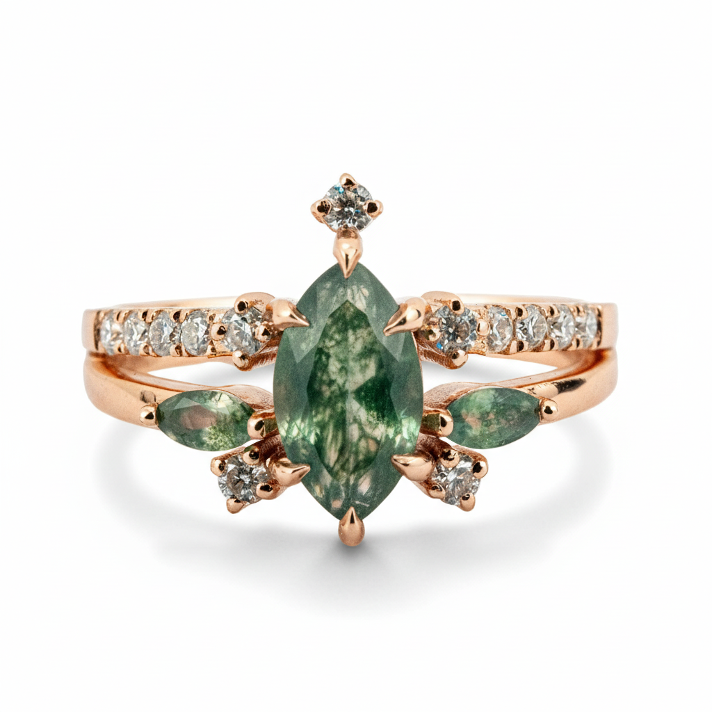 Front view of Marquise Moss Agate Ring in Gold