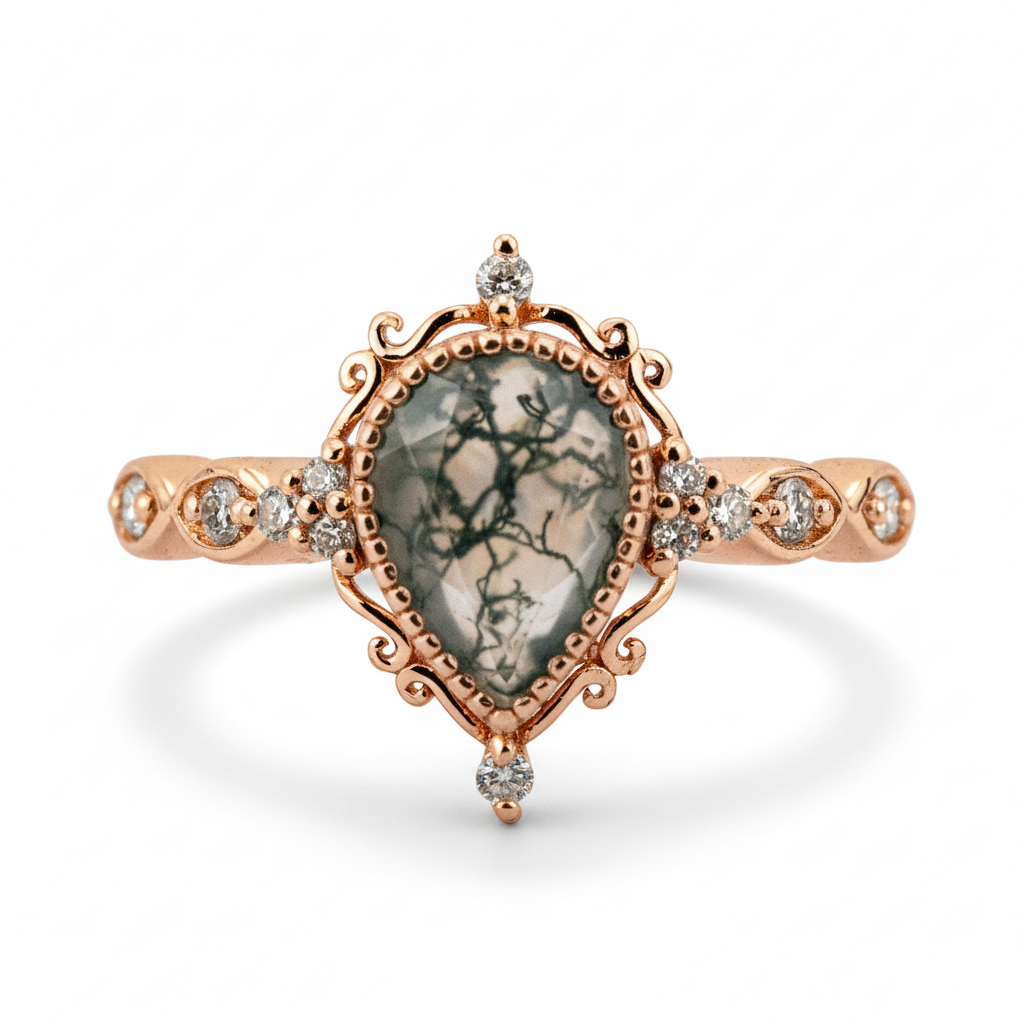 Wedding Ring with Pear Moss Agate Stone - Unique and Luxurious Design