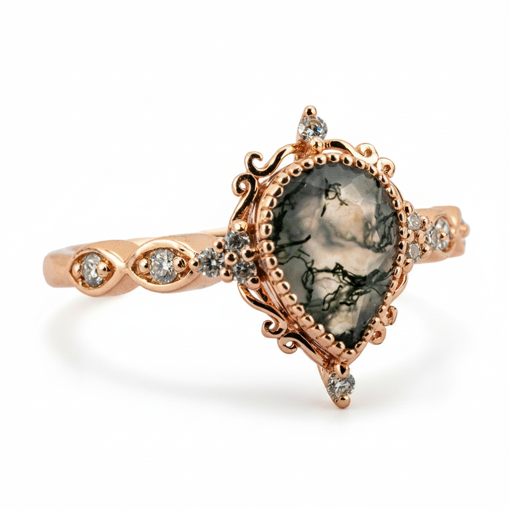 Product view of Pear Moss Agate Ring in Gold