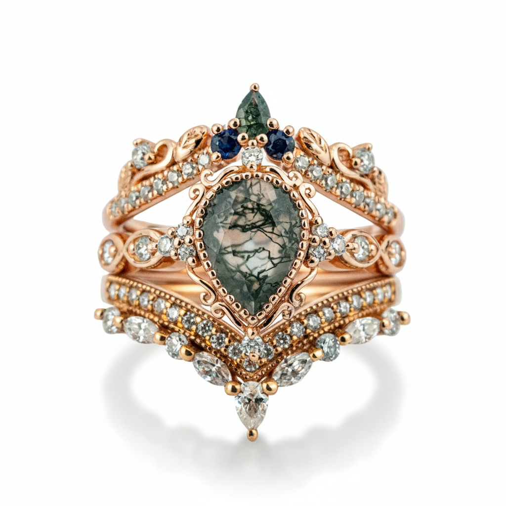 Exquisite wedding ring with pear moss agate stone, nature-inspired leaf design - luxurious and stunning