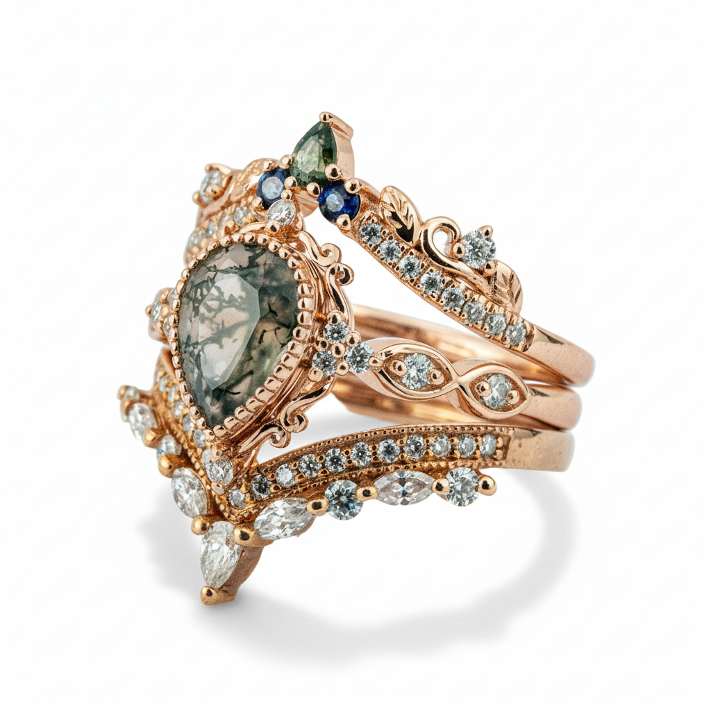 Product view of Pear Moss Agate Ring Set in Gold