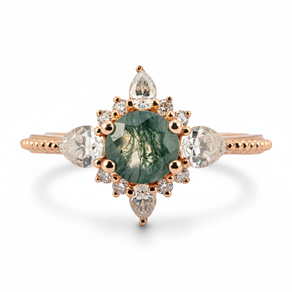 Front view of Moss Agate Ring in Gold
