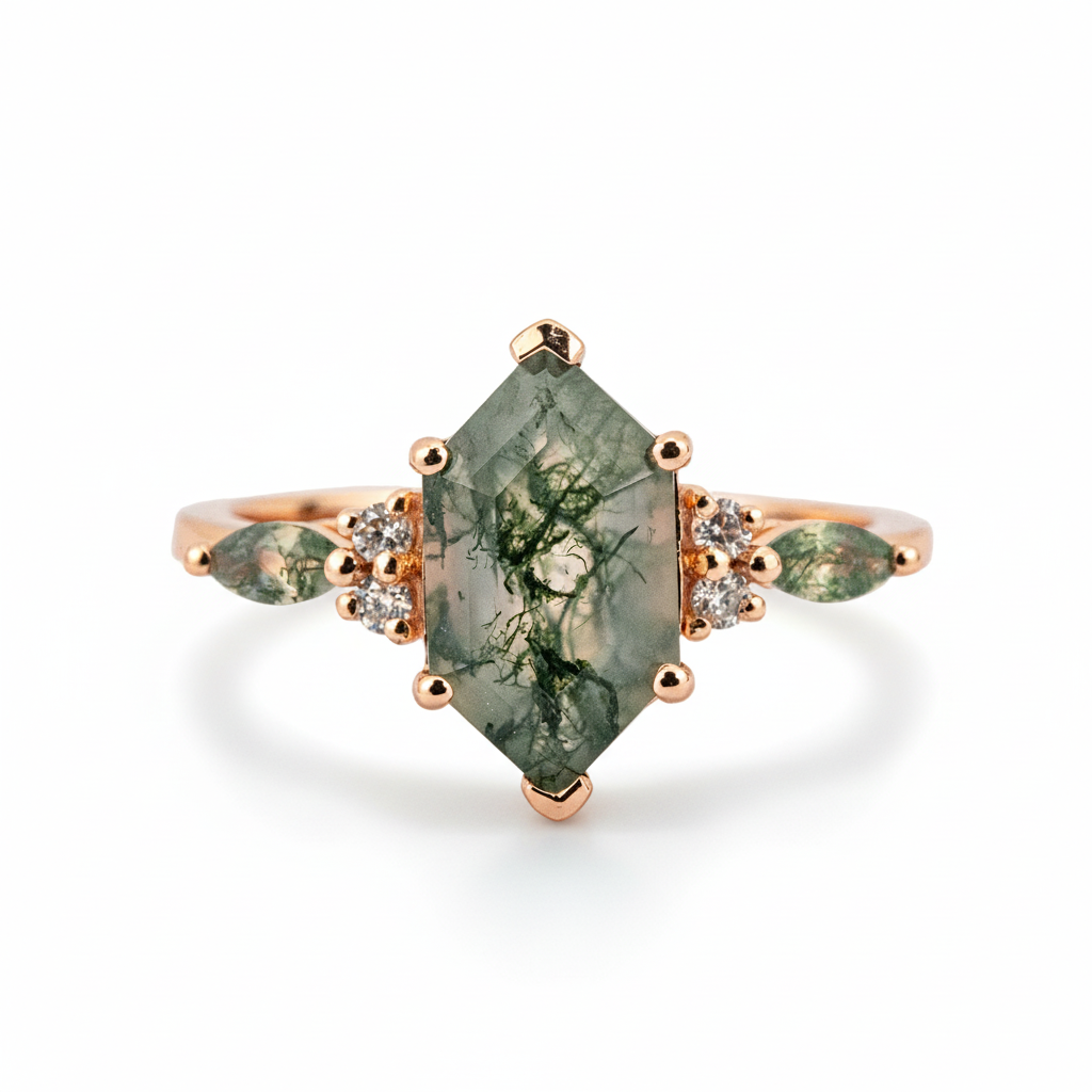 Unique Ring with Hexagonal Moss Agate stone - Statement accessory for any occasion