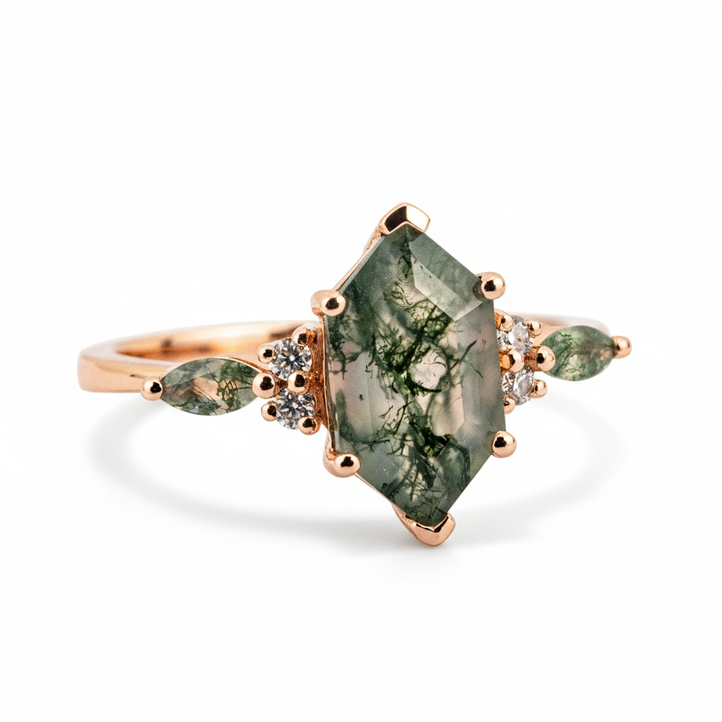 Product view of Long Hexagon Moss Agate Ring in Gold