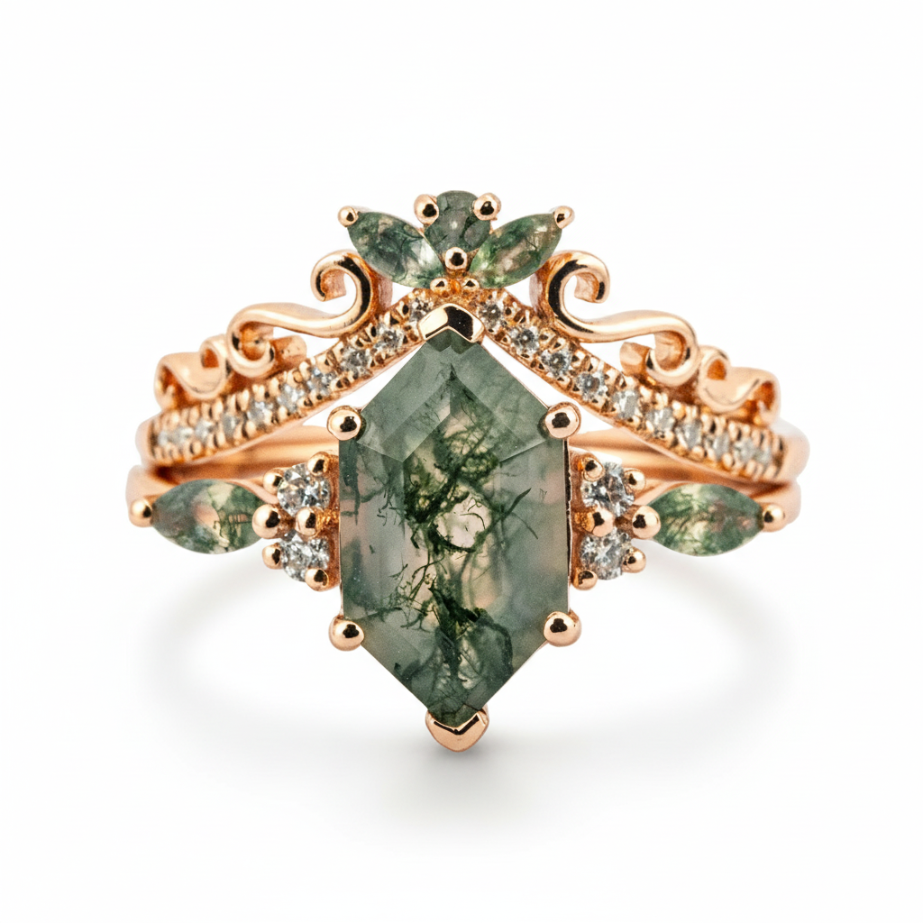 Hexagonal Moss Agate Ring - Nature-inspired gemstone jewelry for a chic and organic look