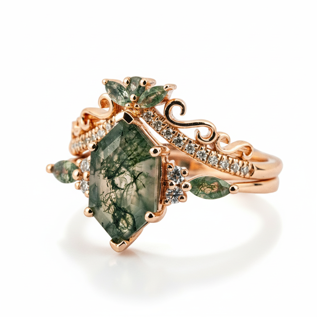 Product view of Hexagon Moss Agate Ring Set in Gold