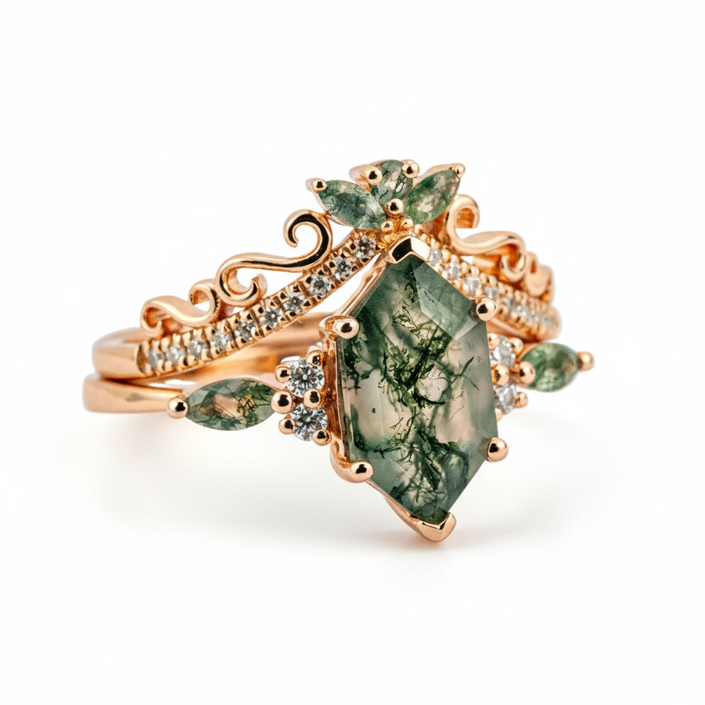 Product view of Hexagon Moss Agate Ring Set in Gold