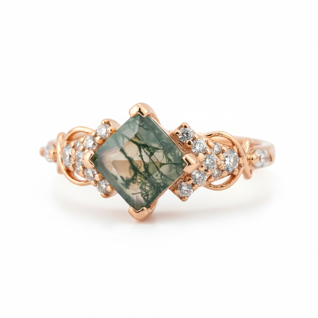 Product view of Princess Cut Moss Agate Engagement Ring in Rose Gold