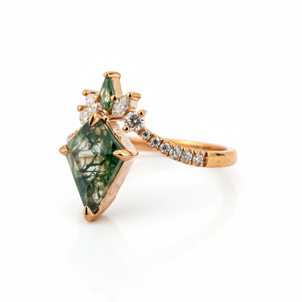 Product view of Kite Cut Moss Agate Ring in Gold