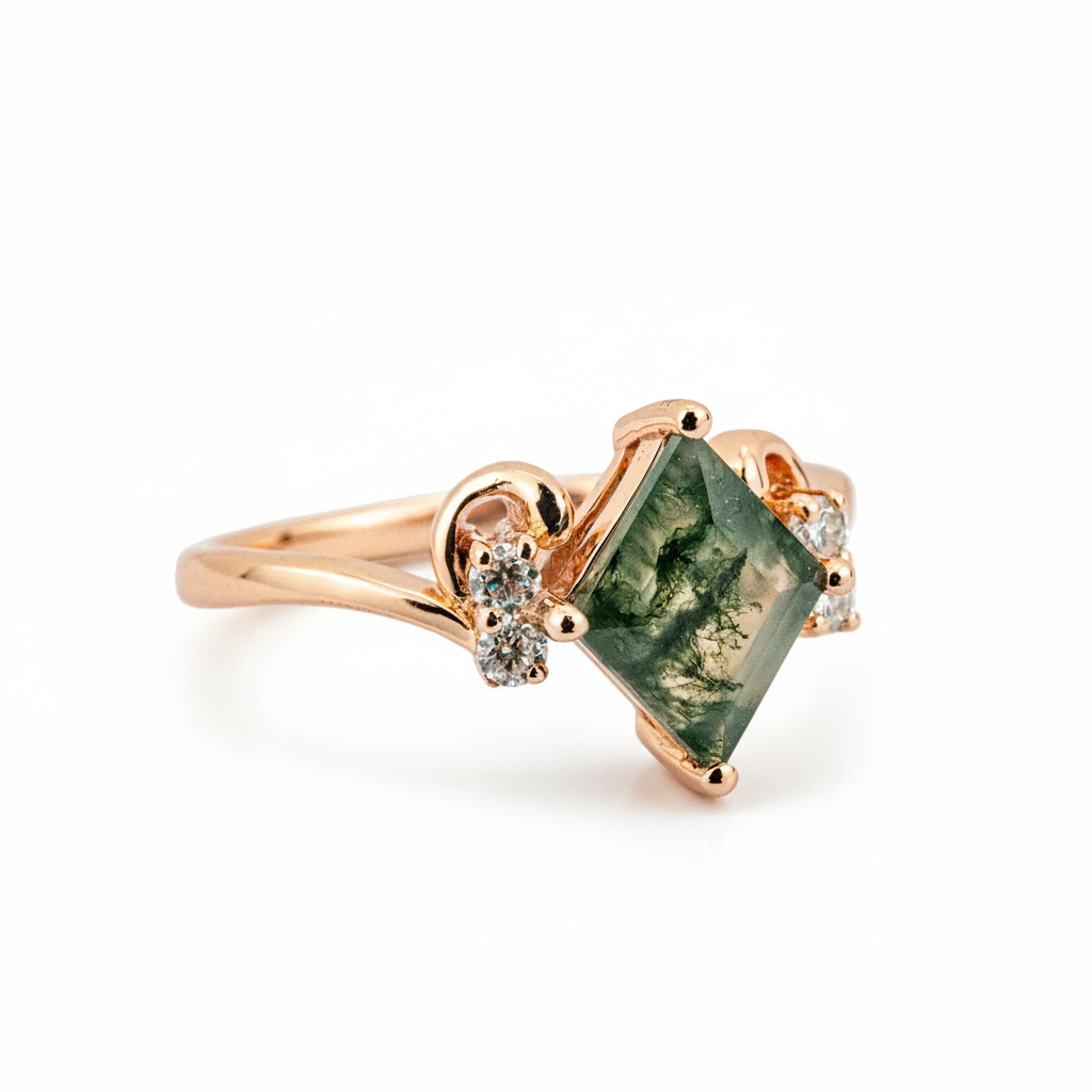 Product view of Princess Cut Moss Agate Ring in Gold