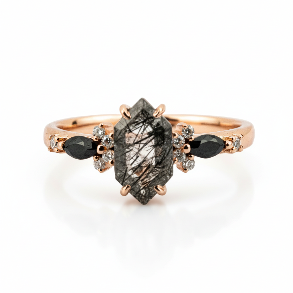 Hexagonal Tourmaline ring with Black Onyx gemstone - luxurious jewelry