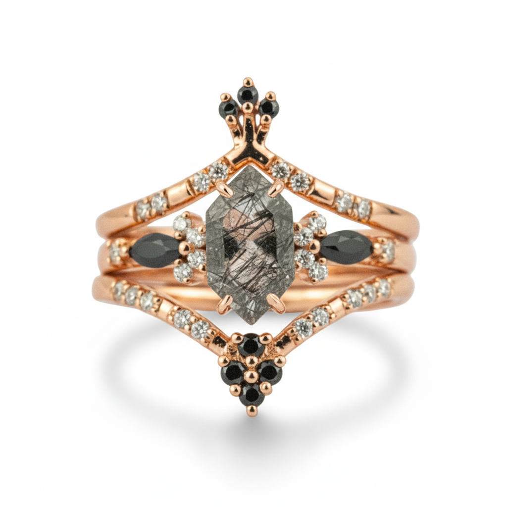 Stunning Tourmaline & Black Onyx Ring Set for Women - Hexagonal Design, Precious Gemstones
