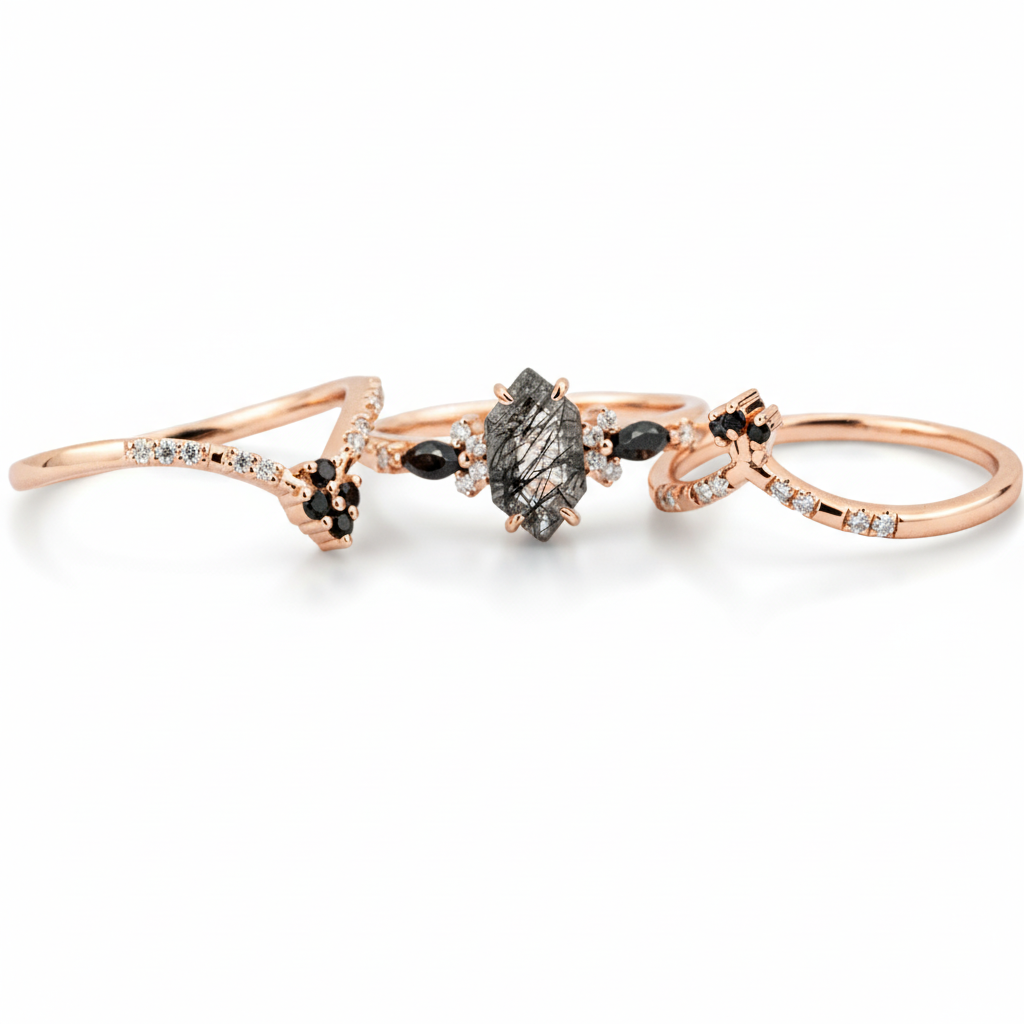 Product view of Long Hexagon Black Rutilated Quartz Ring Set in Gold