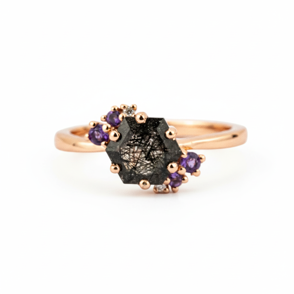 Hexagonal Black Tourmaline with Amethyst Rose Gold Ring.