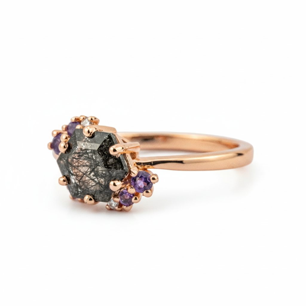 Product view of Hexagon Black Rutilated Quartz Ring in Rose Gold