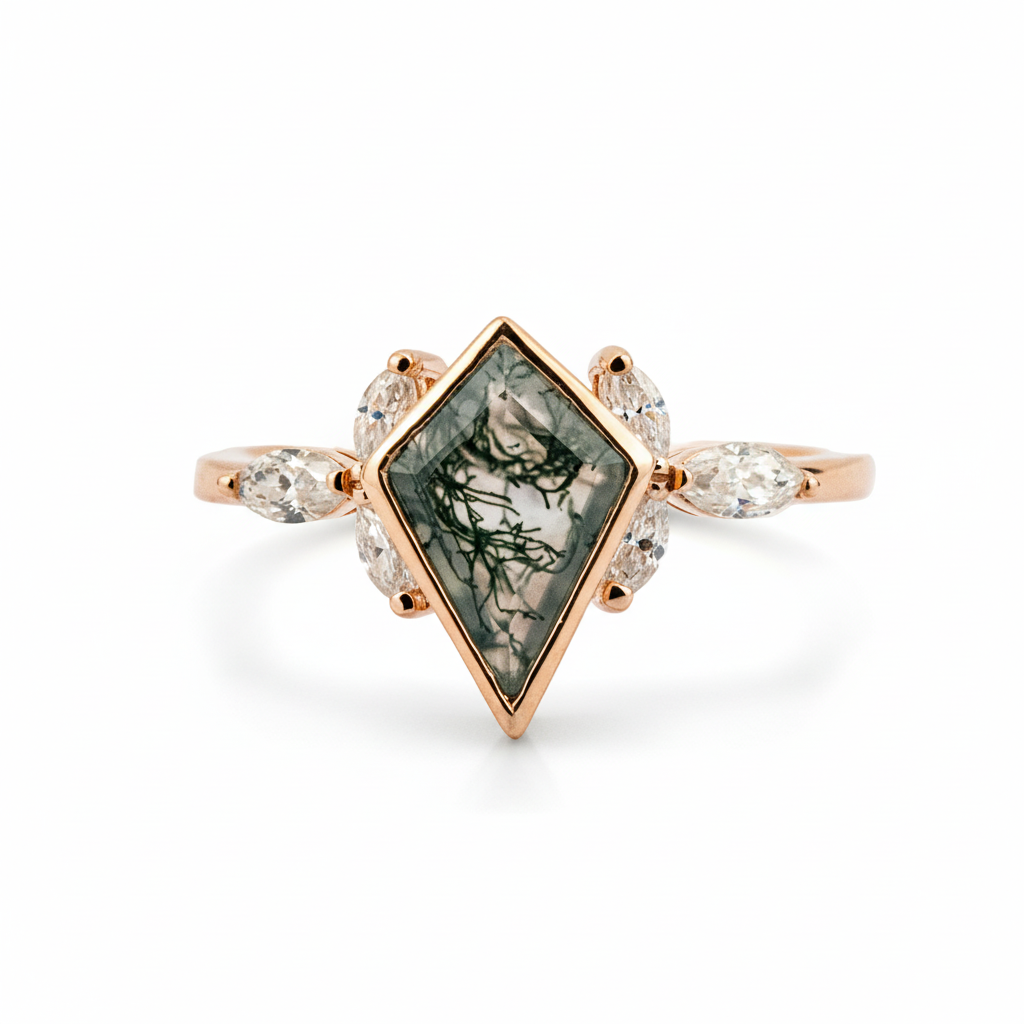 Front view of Kite Cut Moss Agate Ring in Gold
