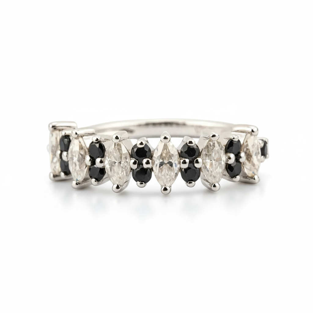 Luxurious marquise black onyx band featuring shimmering moissanite gemstone.
