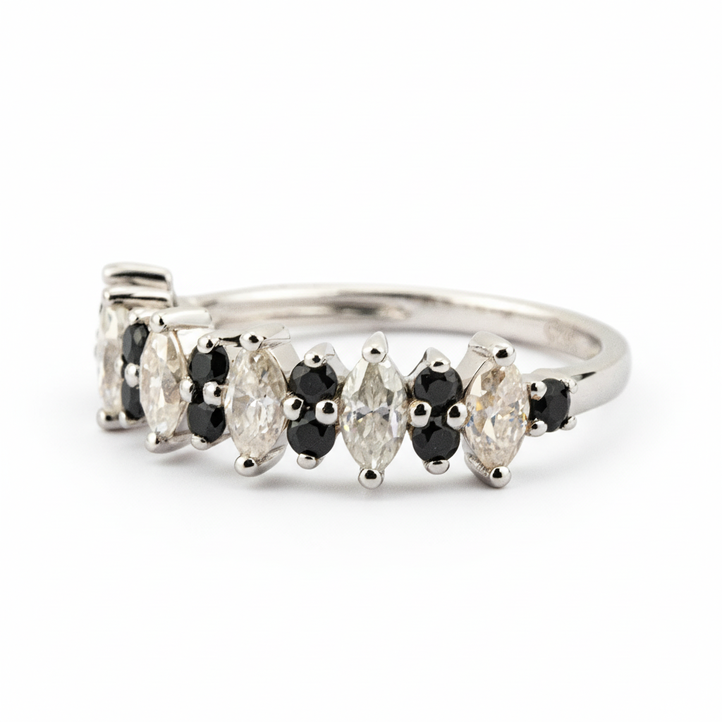 Luxurious marquise black onyx band featuring shimmering moissanite gemstone.