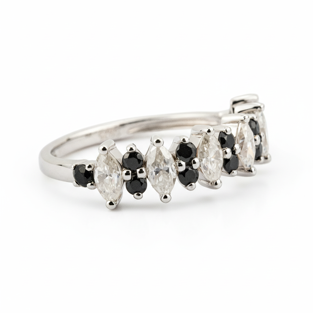 Luxurious marquise black onyx band featuring shimmering moissanite gemstone.