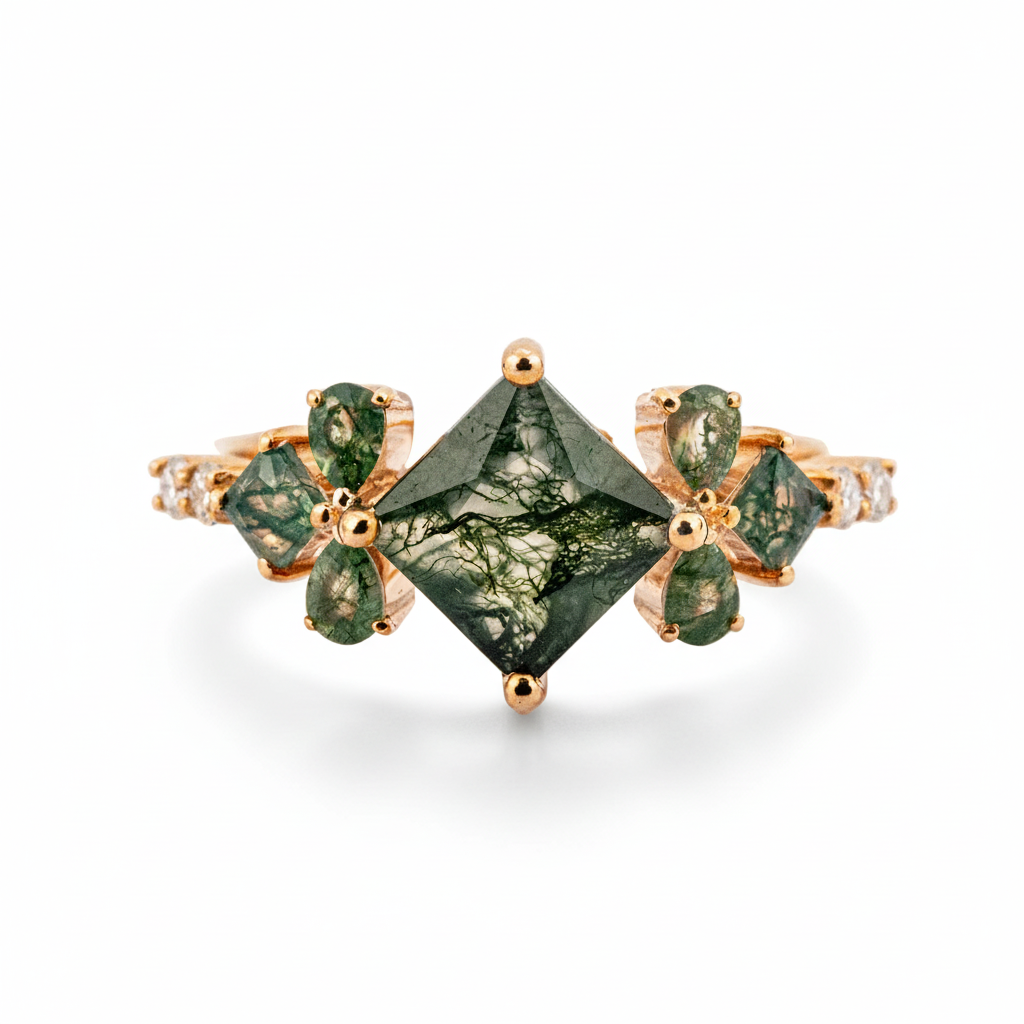 Princess Cut Moss Agate Wedding Ring - Elegant and timeless anniversary rings