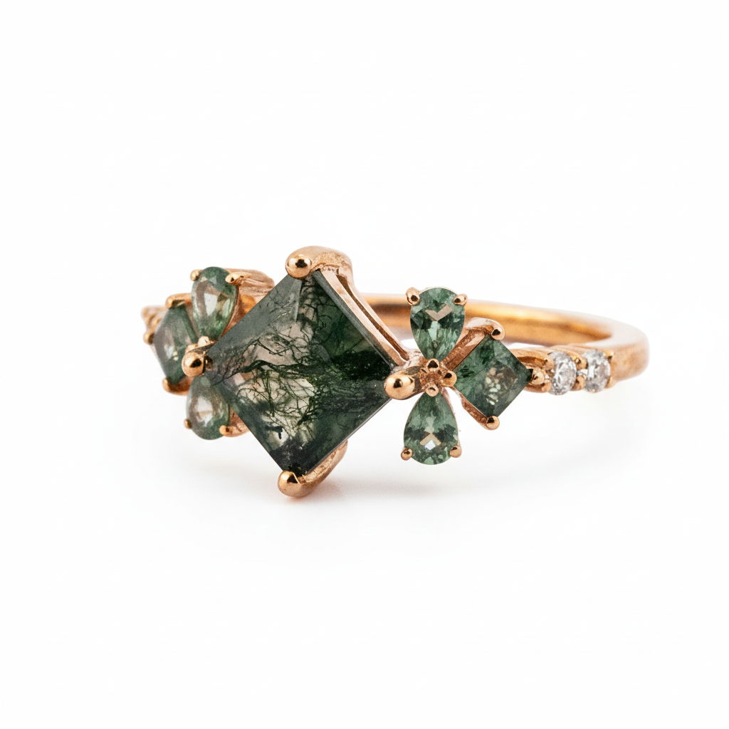 Product view of Princess Cut Moss Agate Engagement Ring in Gold