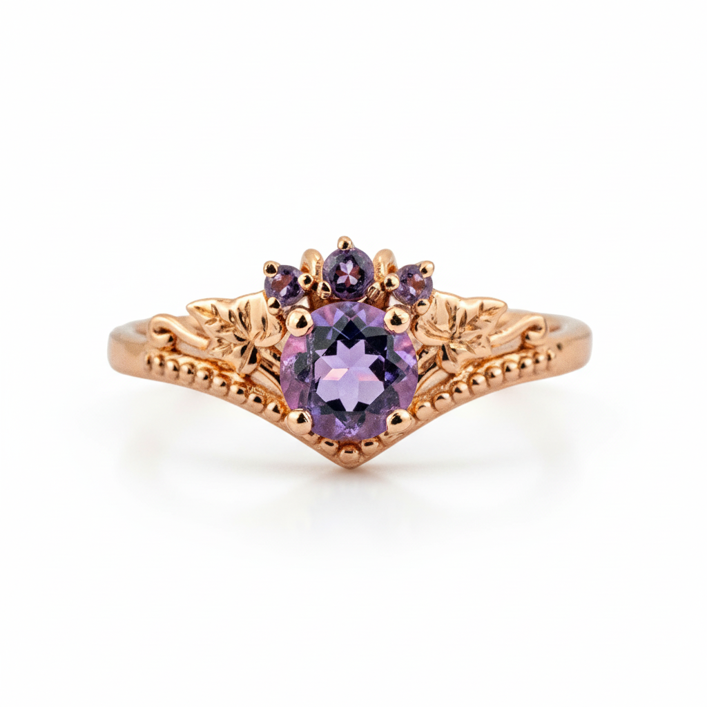 Front view of Round Amethyst Ring in Gold