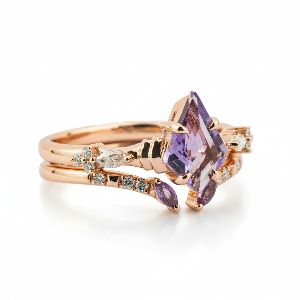 Product view of Kite Cut Amethyst Ring Set in Gold