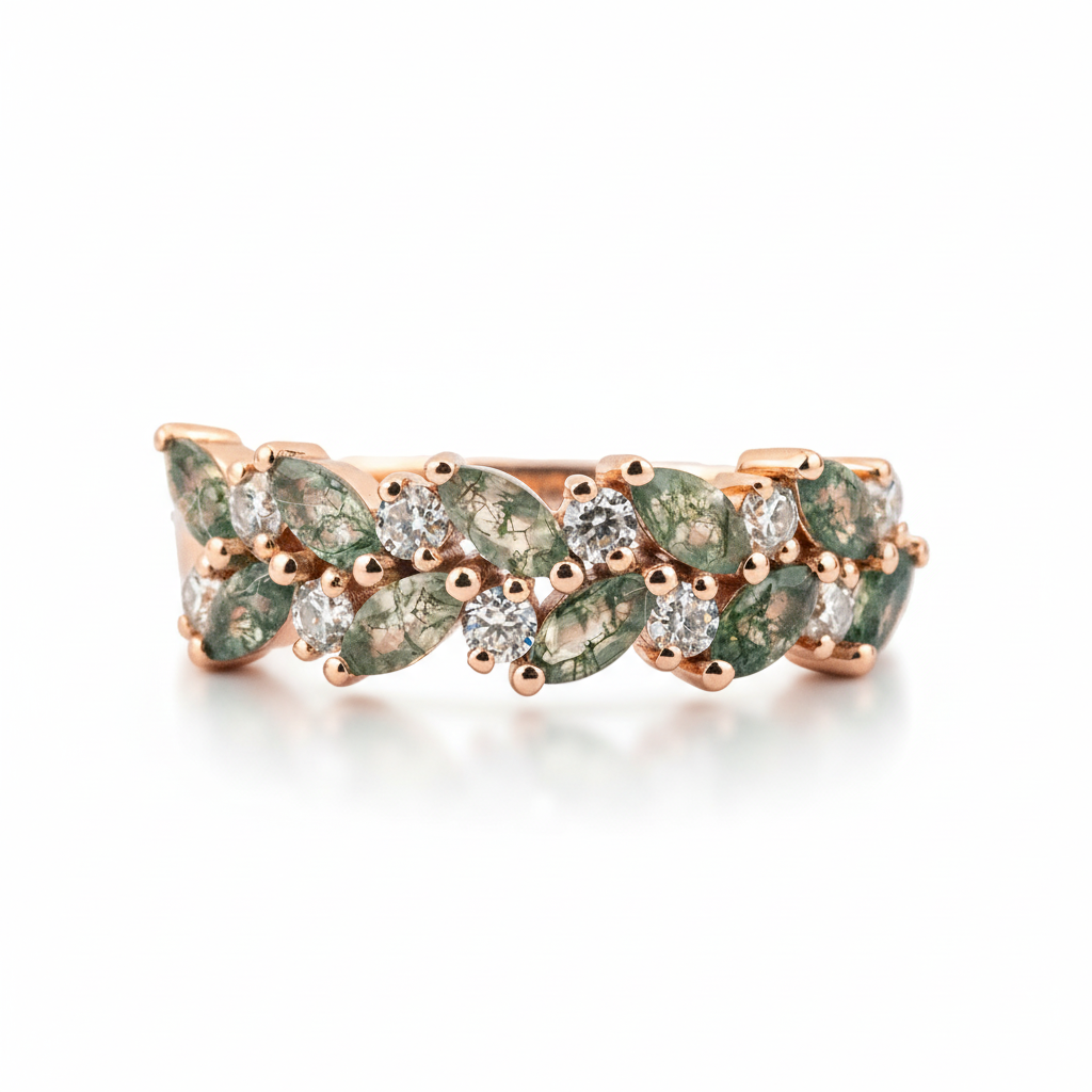 Front view of Moss Agate Wedding Band in Gold