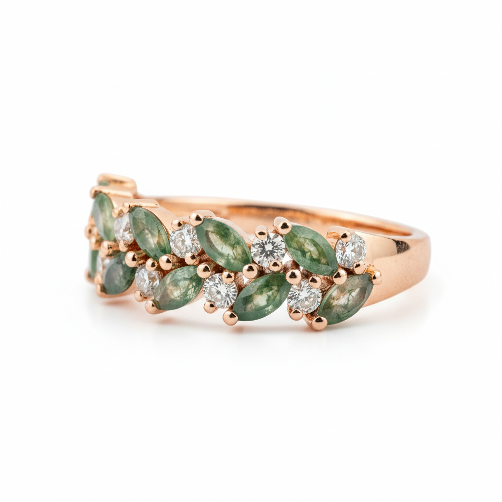Product view of Moss Agate Wedding Band in Gold