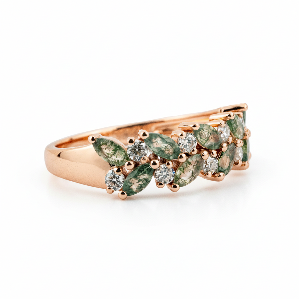 Product view of Moss Agate Wedding Band in Gold