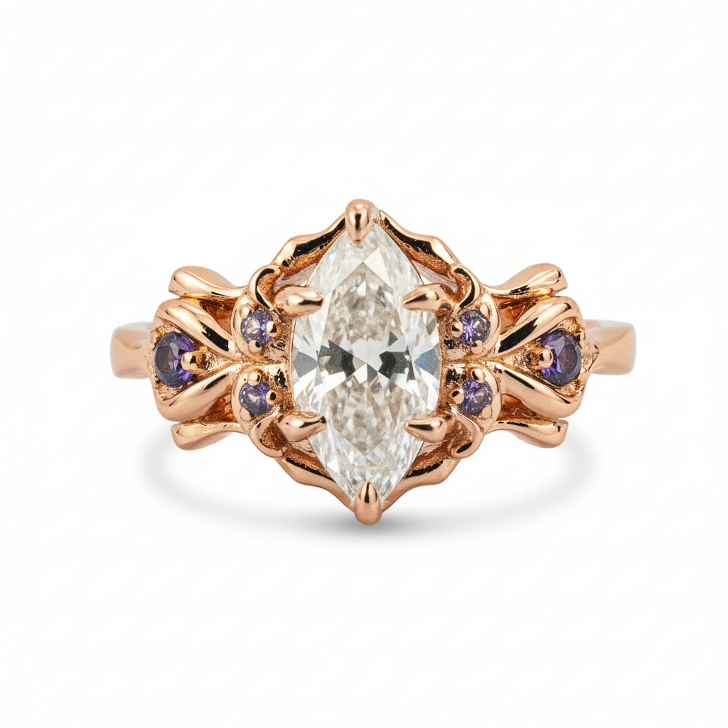 Marquise Moissanite Ring with Amethyst - Exquisite Engagement Jewelry