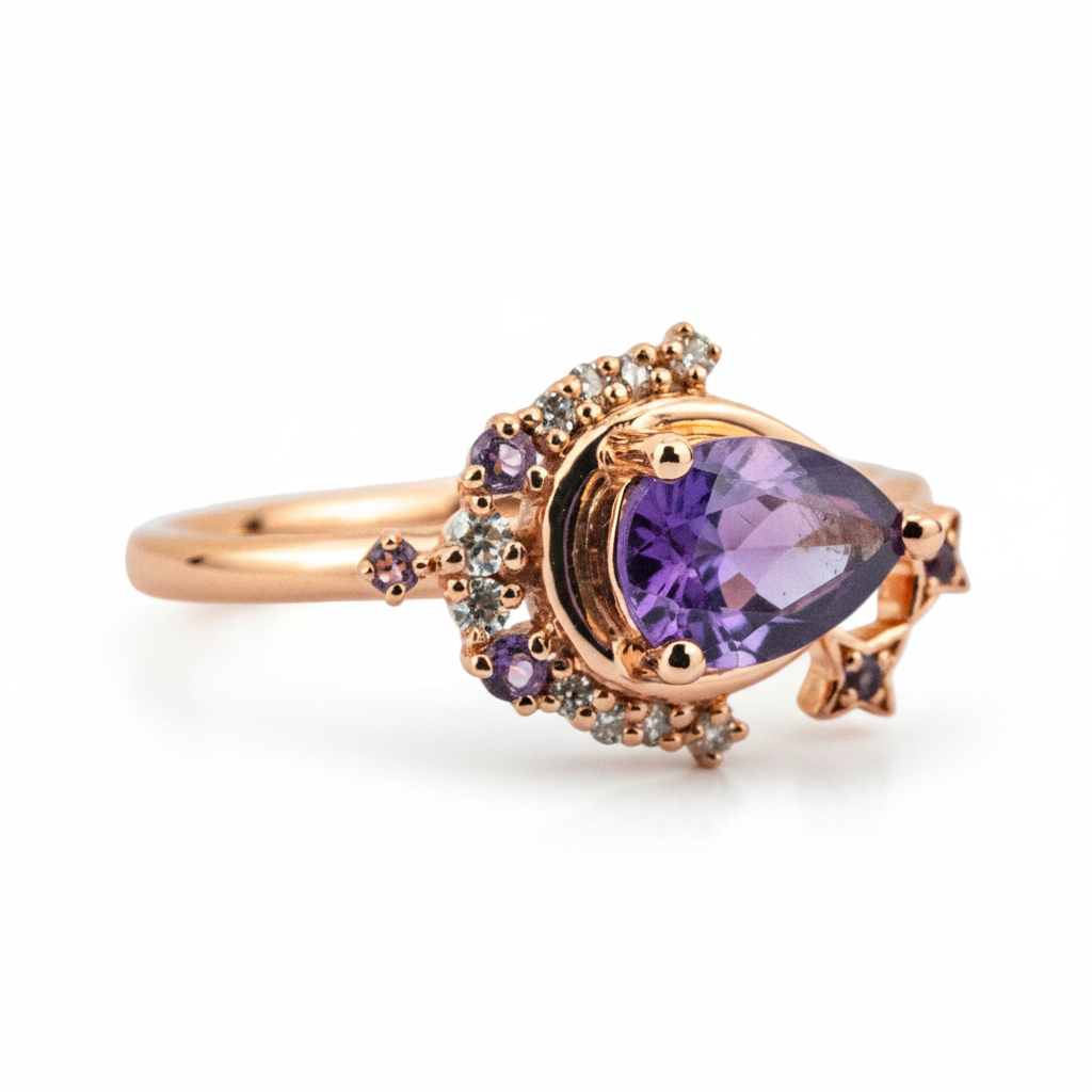 Detailed view of Pear Amethyst Ring in Gold