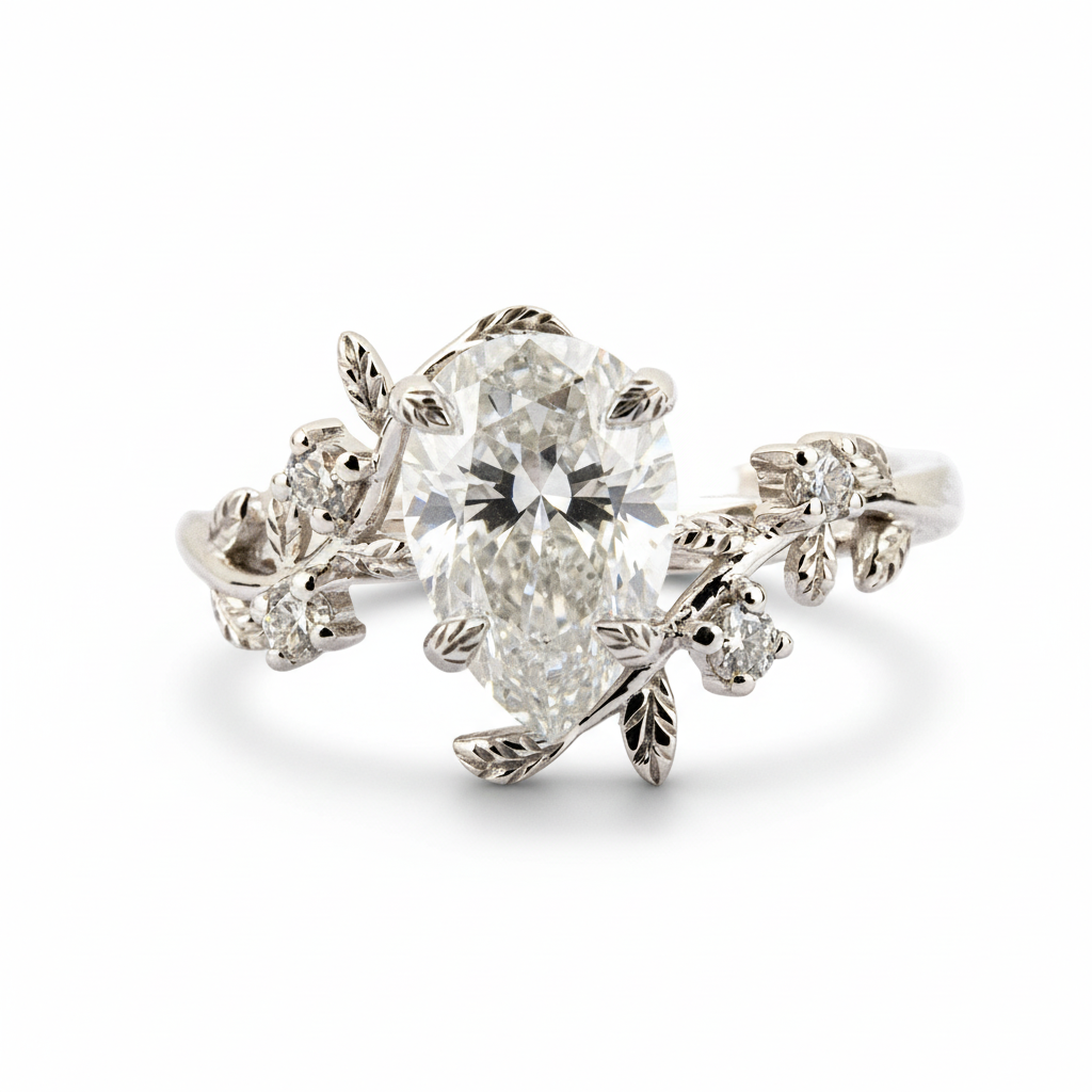 White Gold Pear Moissanite Ring crafted in nature inspired setting for unique and stylish appeal